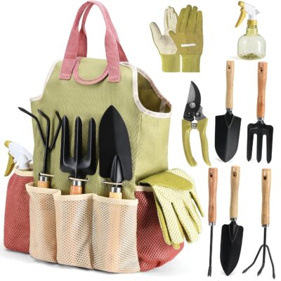 Complete Garden Tool Kit Comes With Bag & Gloves,Garden Tool Set with Spray-Bottle Indoors & Outdoors – Durable Garden Tools Set Ideal Tool Kit Gifts for Women & Men, Set of 10